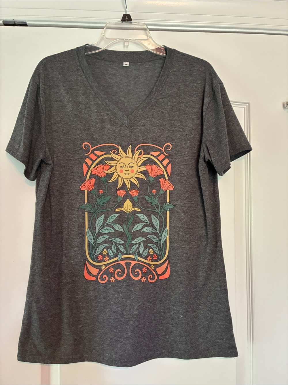 Amazon Essentials Women's Charcoal V-Neck Tee with Sunflower and Floral Graphic